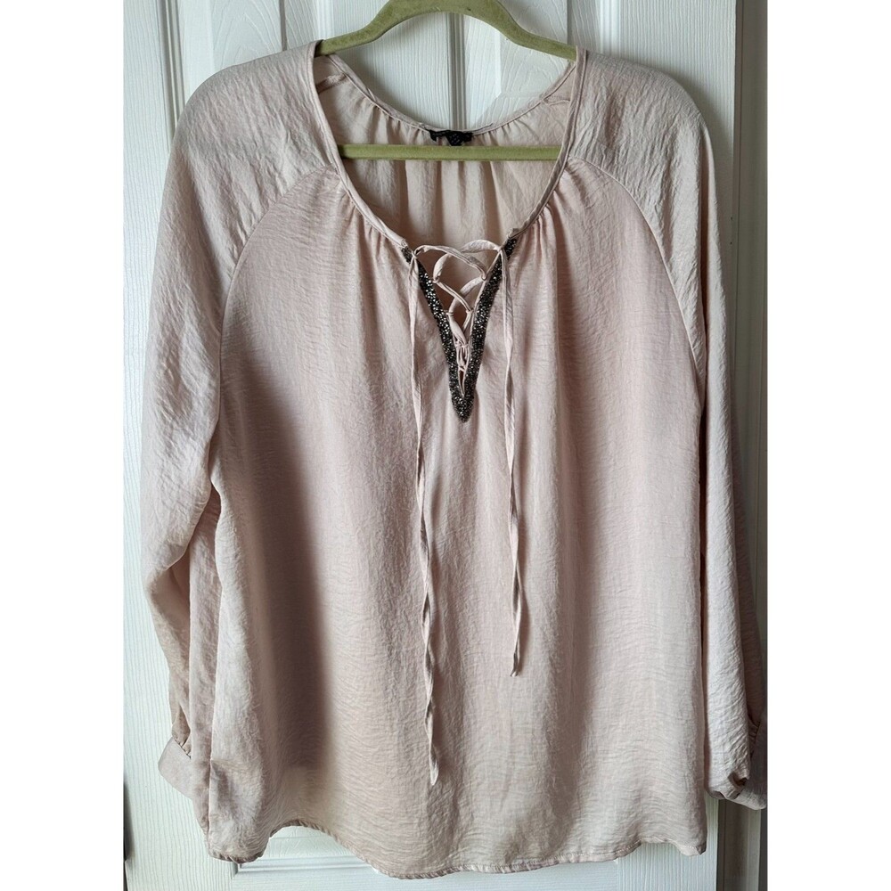 Coco + Carmen Champagne LS Lace Up V-Neck Blouse w/ glass seed beads Size XXL